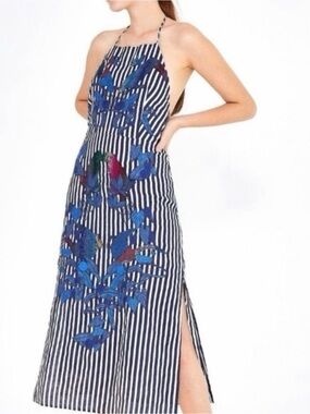 FARM Rio Navy & White Striped Halter Midi Dress with Blue Floral Embroidery